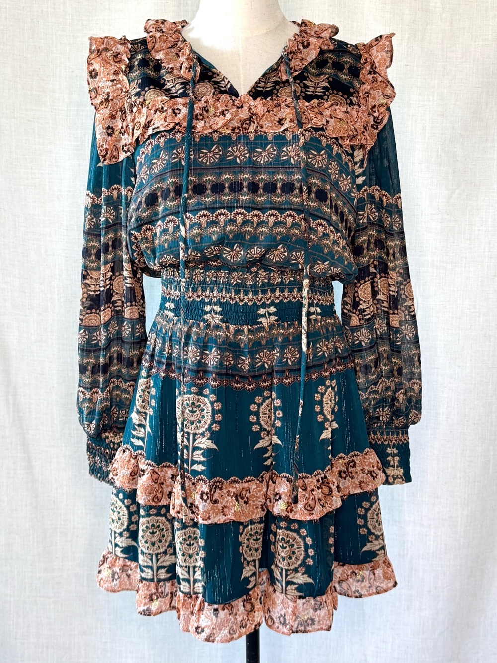 🌿Aureum Metallic Floral Smocked Tiered Mini Dress Green Peach Size S NWT
